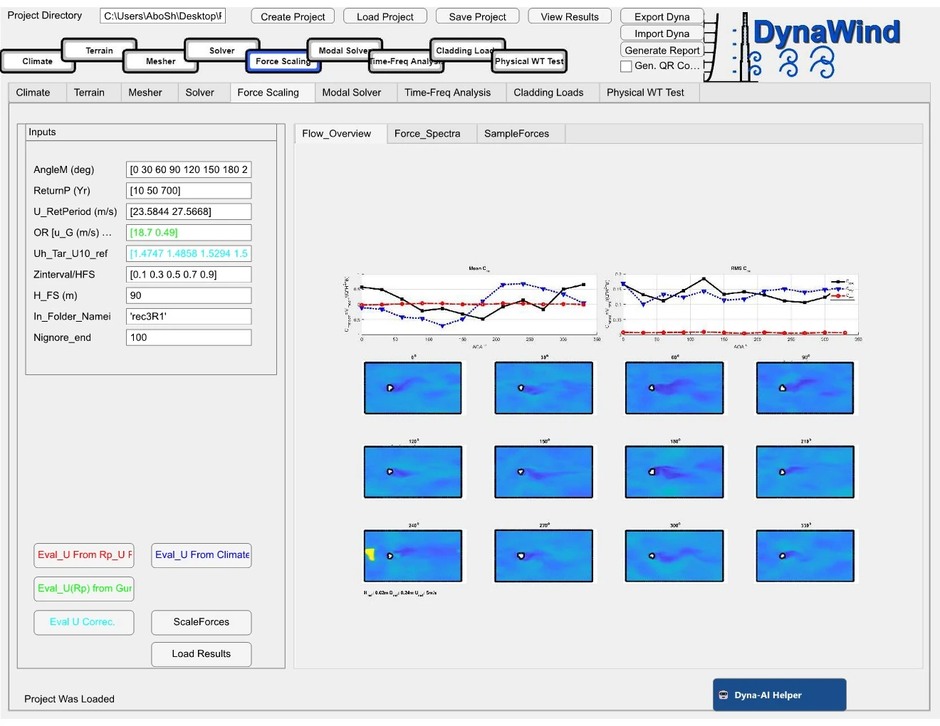 Solver & force scaling — flow overview, spectra, and sample forces